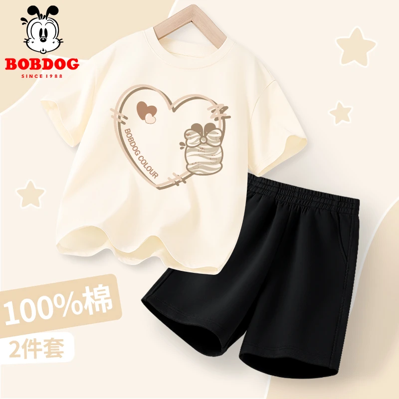 巴布豆卡乐儿童纯棉短袖套装夏季女童亲肤半袖T恤宽松舒适五分裤