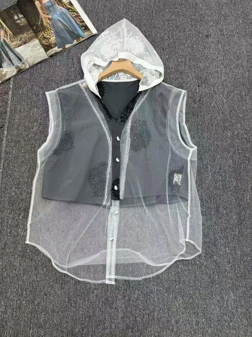 欧货女装2025夏季新款网纱拼接字母蕾丝连帽衬衫马甲
