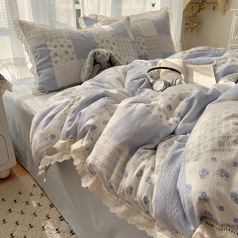 韩版镂空花边双层纱四件套田园风小清新柔软被套床单床笠床上用品