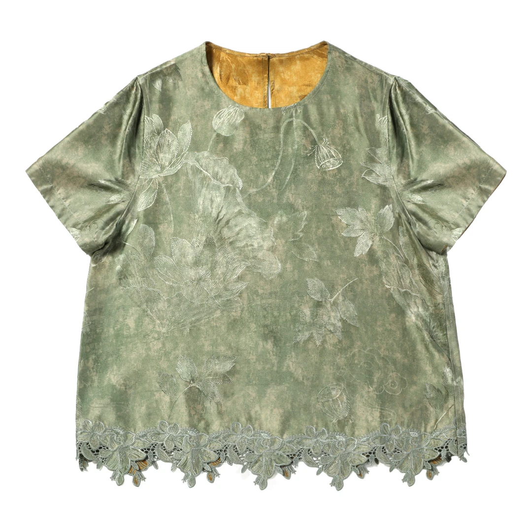 【徐姐高定】荷花老缎绿色绣花上衣 320256