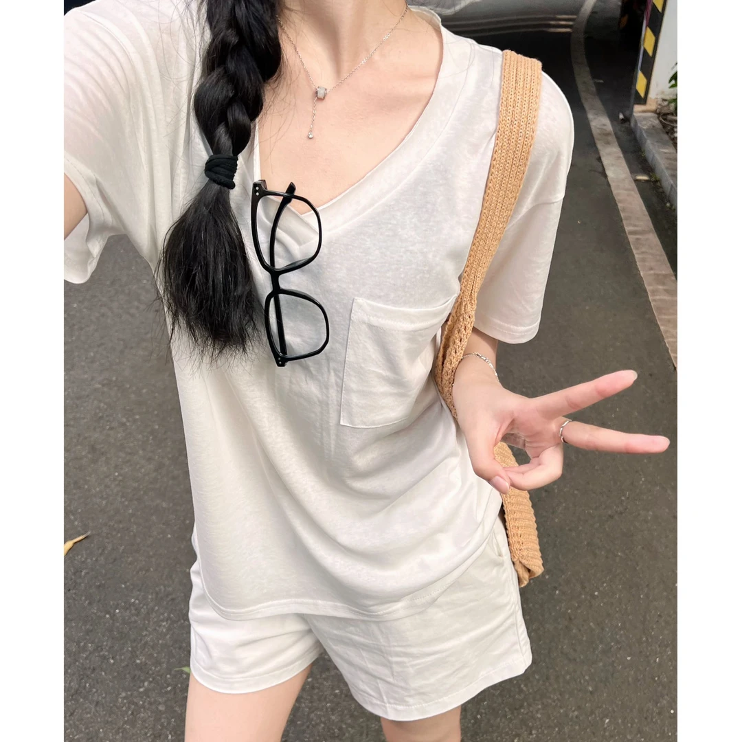 由子衣舍/Youzi Atelierv松弛慵懒感女生韩系ins衣服V领宽松短袖T