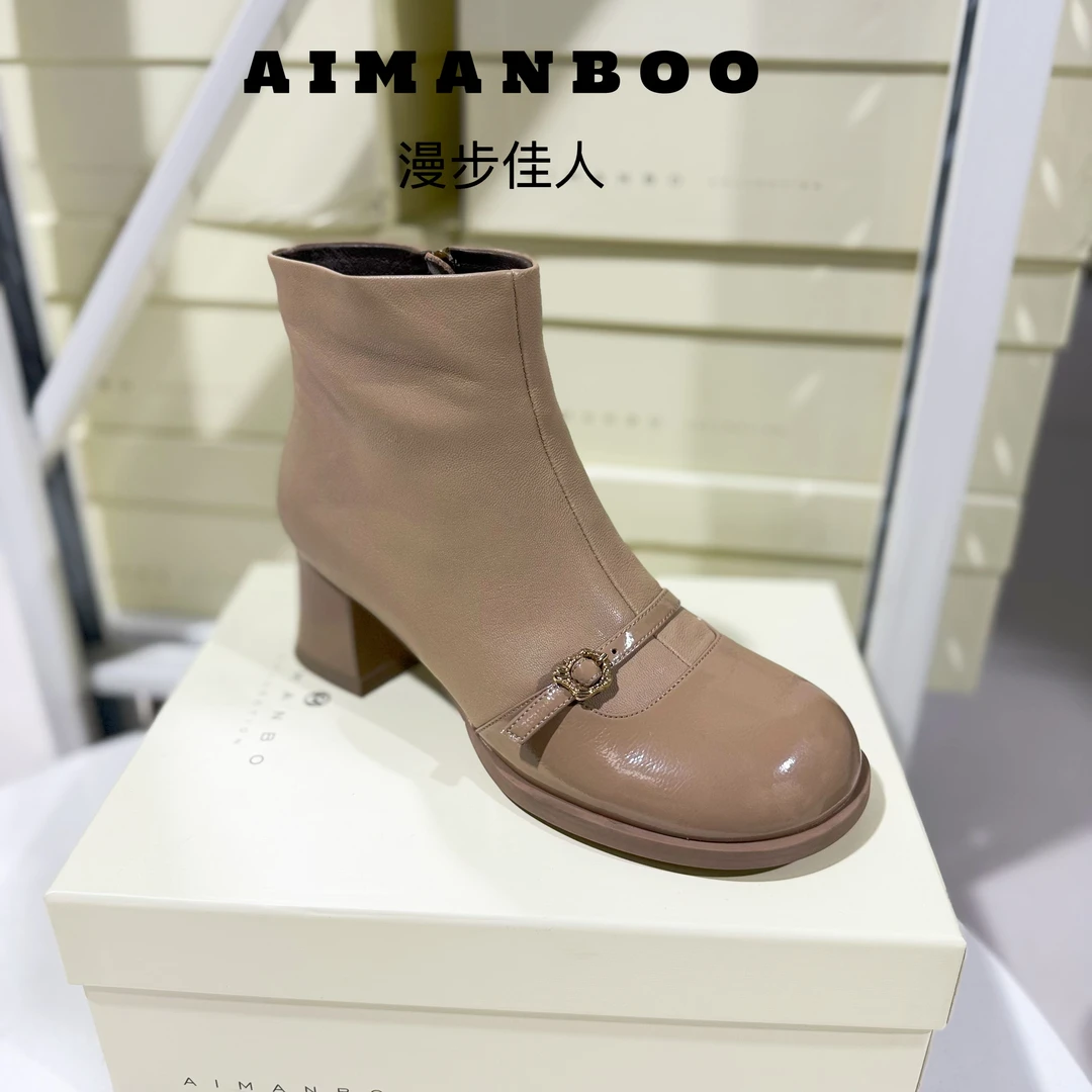 【漫步佳人】6721 62641漫步女圆头欧美防滑方头粗跟中跟冬季女靴