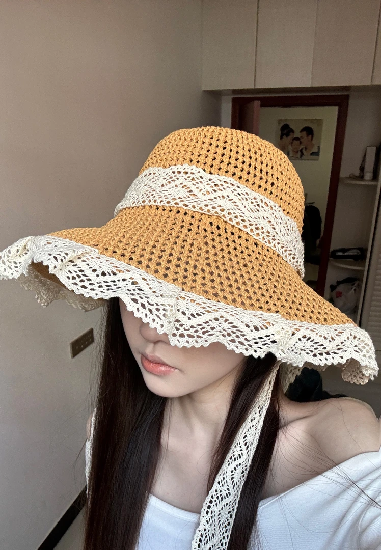草帽田园风夏季新款ins遮阳防晒蕾丝花边草编帽可折叠大檐沙滩帽