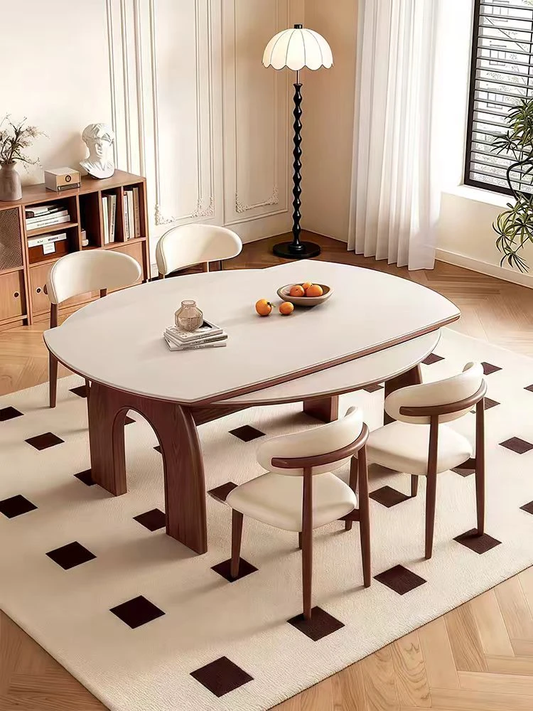 中古风实木岩板餐桌椅组合家用小户型可变圆桌凯旋门伸缩折叠饭桌