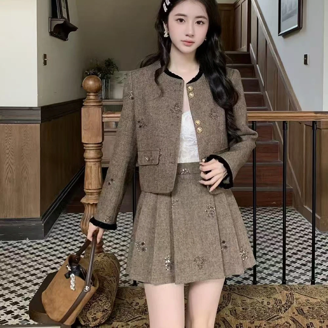 小香风重工亮片外套搭配百褶裙秋季新款短裙套装