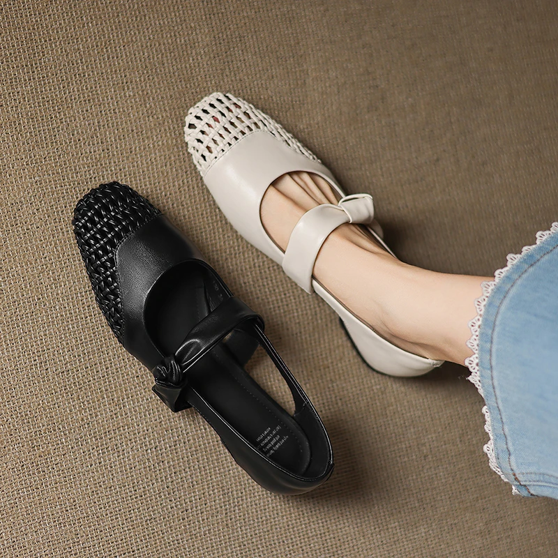 牛皮编织夏季妈妈鞋镂空防滑软底单鞋复古浅口通复古浅口女式软底