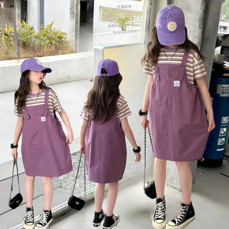 新款夏季女孩洋气时尚中大童连衣裙女童背带裙套装岁儿童时髦吊
