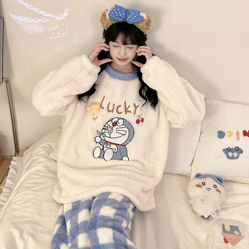 哆啦A梦卡通可爱款秋冬睡衣套装珊瑚绒女款冬季加绒加厚家居服