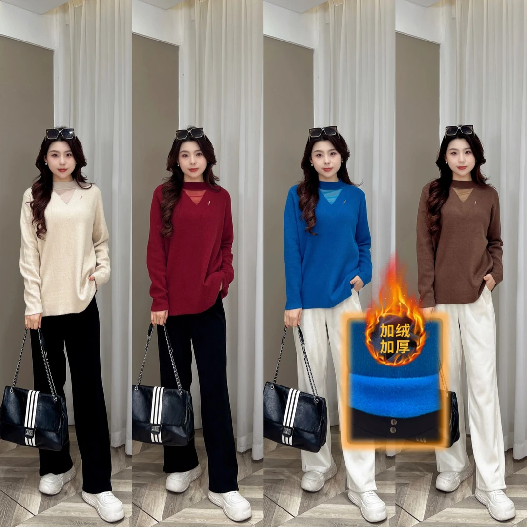 【现货仅毛衣】PMM81625冬季新款百搭蕾丝镂空加绒加厚显瘦内搭毛衣