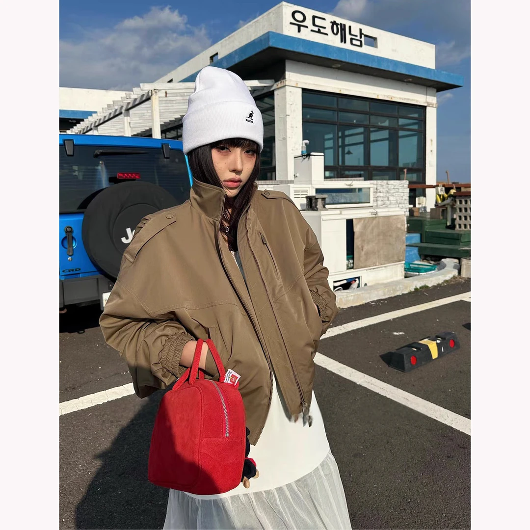 美式复古卡其显瘦夹克外套女2025春秋宽松立领设计感棒球服上衣