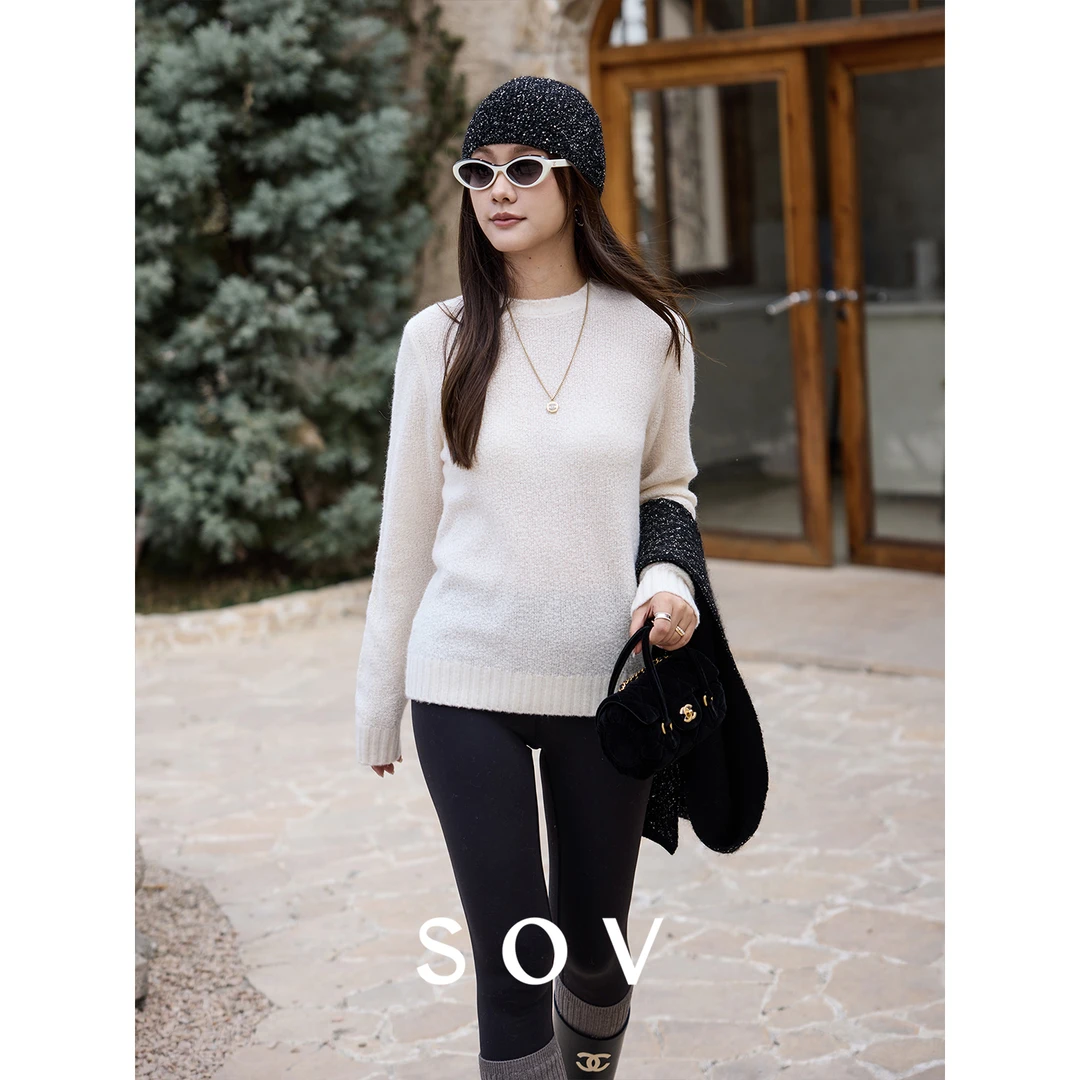 SOV "小雪人" 山羊绒羊毛 重工桂花针工艺 圆领百搭套衫