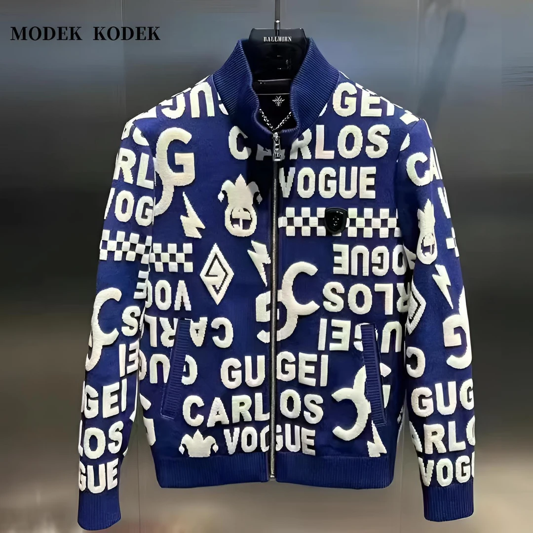 MODEK KODEK潮牌字母提花长袖针织衫男士春秋立领夹克休闲男外套