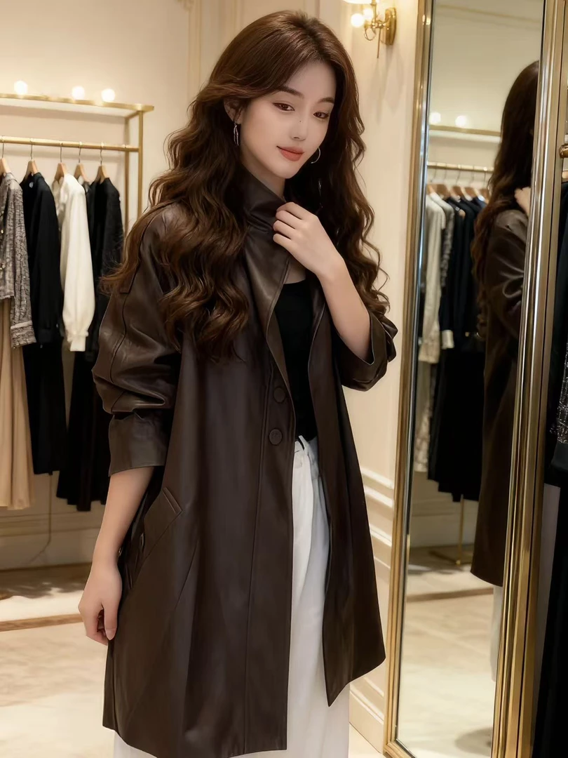 秋季轻奢高级感百搭个性大码大衣纯色皮质简约宽松翻领长袖风衣