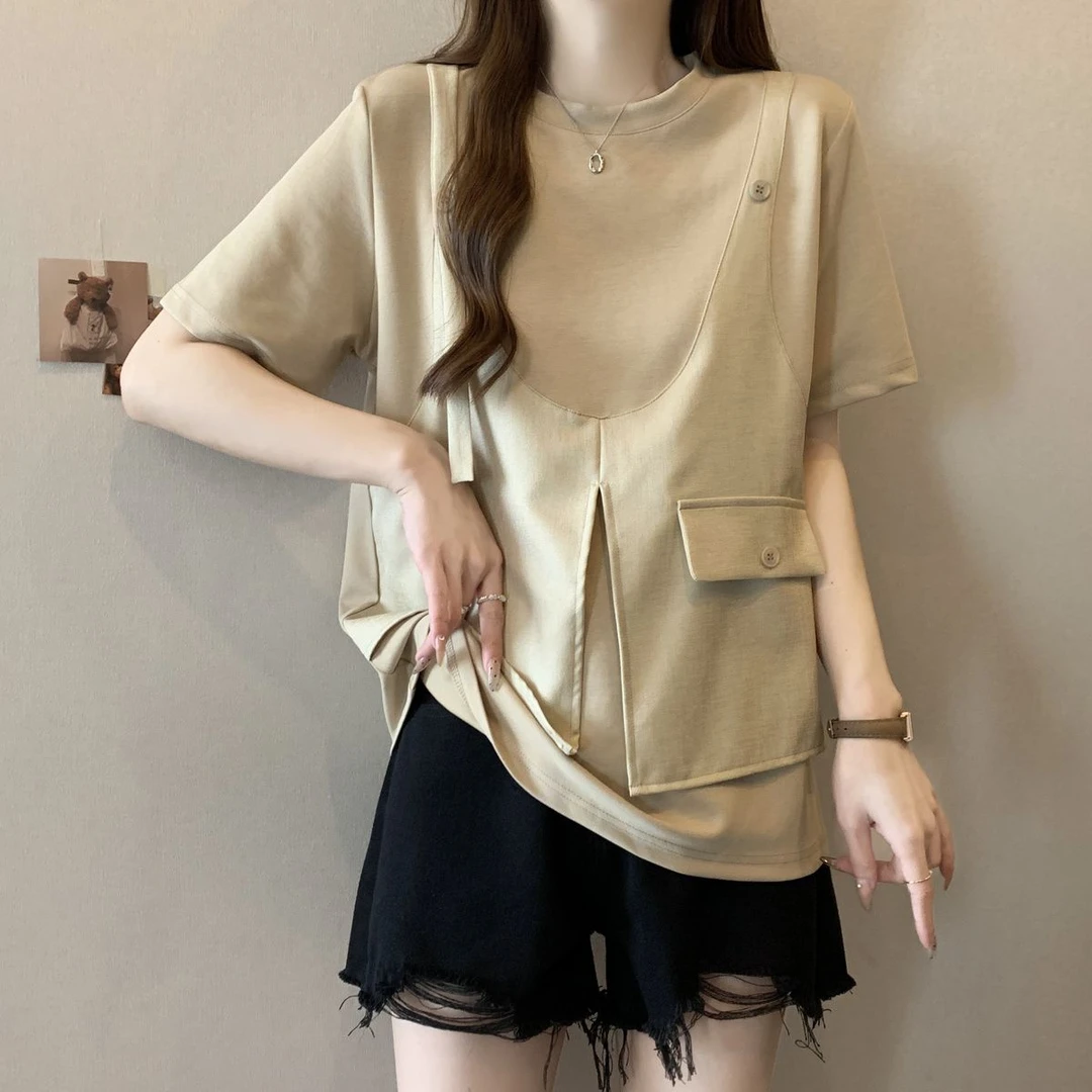 设计感假两件马甲短袖T恤女夏季大码胖mm工装风显瘦遮肚别致上衣