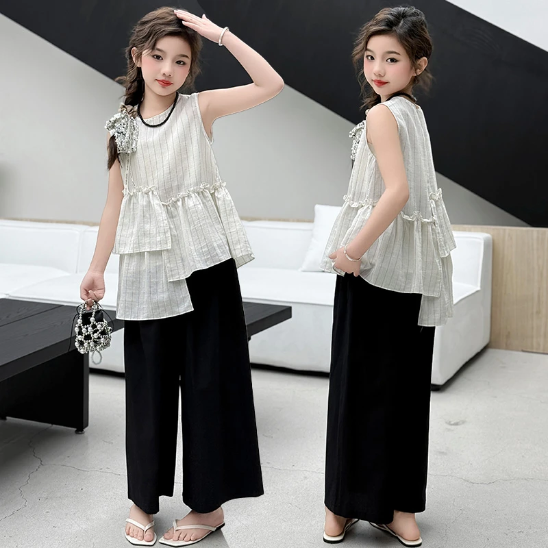 女童夏季设计感无袖宽松条纹上衣新款中大童韩系百搭直筒裤两件套