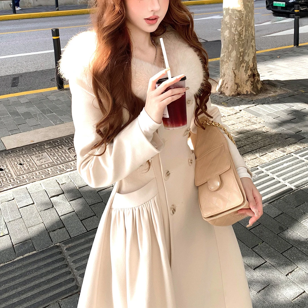 海瑟薇曲线雕刻轮廓4米裙摆收腰大衣女韩版秋冬毛呢外套中长款