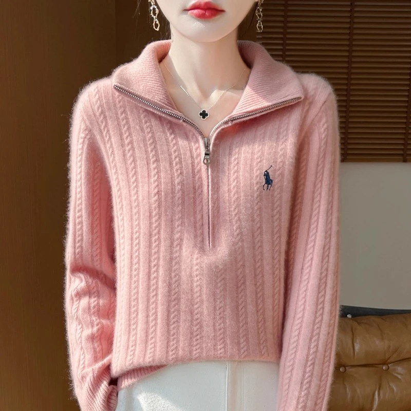 翻领半拉链刺绣马羊毛衫女秋冬提花套头毛衣宽松百搭羊毛针织上衣