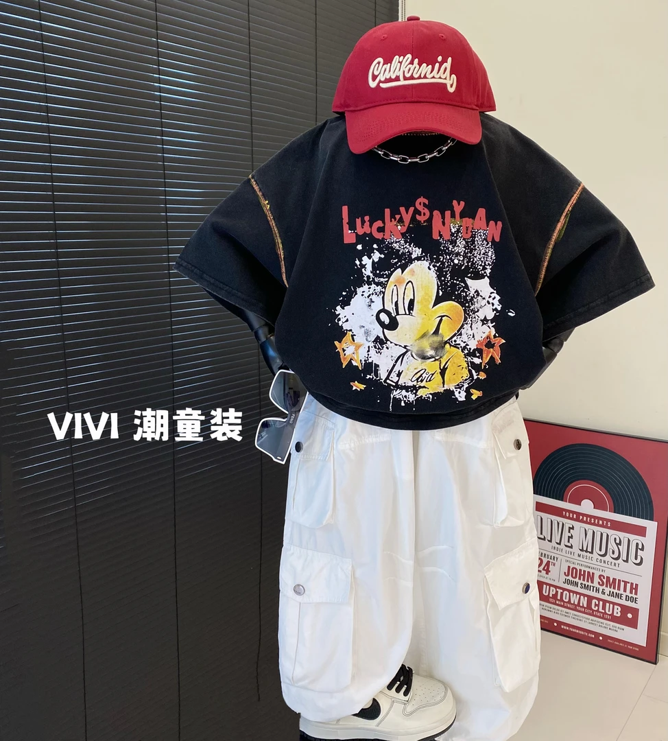 VIVI童装 2025夏季潮牌中大童卡通水洗黑灰涂鸦印花短袖T恤
