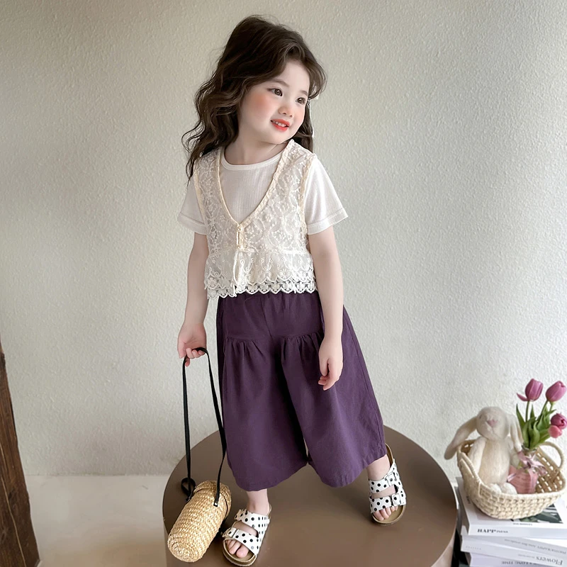 女童蕾丝套装2025新款儿童夏装韩版洋气女宝宝夏季时髦短袖三件套