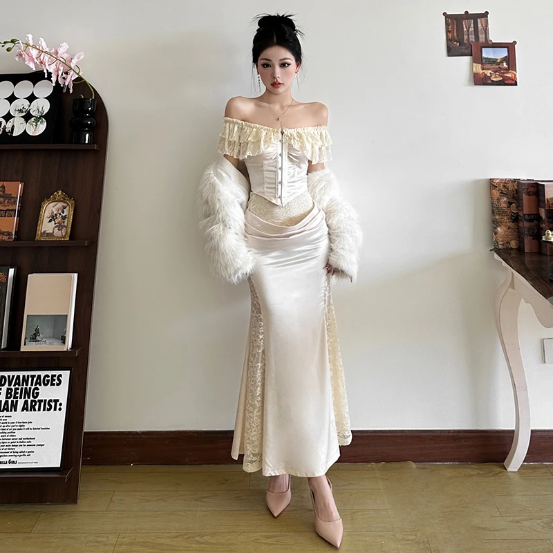 法式复古法式纯欲蕾丝拼接一字肩短袖上衣缎面显瘦鱼尾半身裙套装