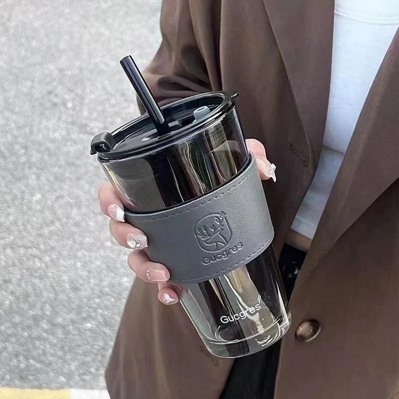 轻奢北极光玻璃咖啡杯吸管带盖便携女高颜值ins办公室伴手礼杯子J