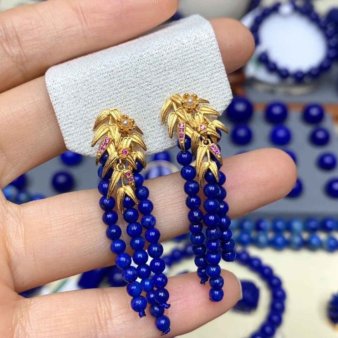 云***。青金石银S925镀金镶嵌耳饰