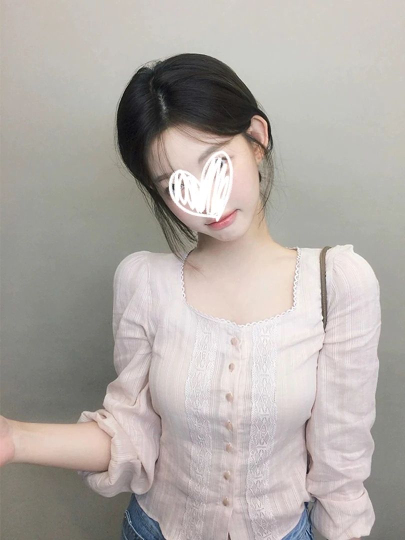 韩系小香风上衣气质收腰显瘦蕾丝拼接粉色方领长袖衬衫女