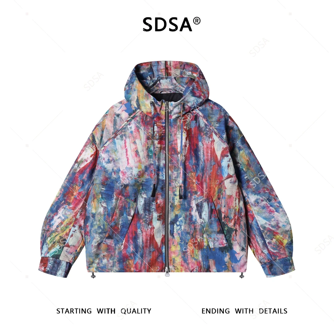 SDSA秋冬新款痞帅男装潮牌扎染拉链立领连帽羽绒服休闲百搭宽松