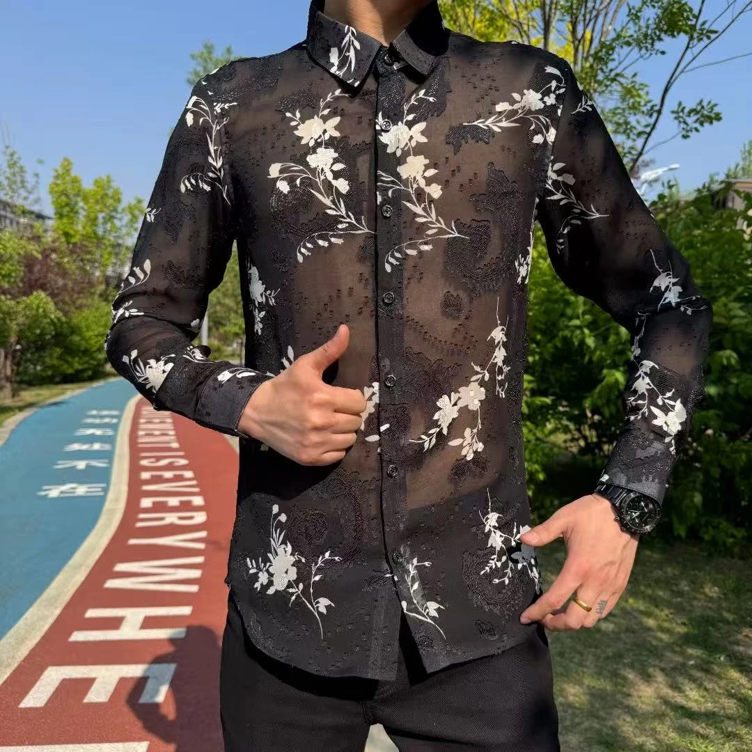 2025夏季新款轻薄长袖衬衫男高级感提花镂空百搭透气休闲翻领衬衣