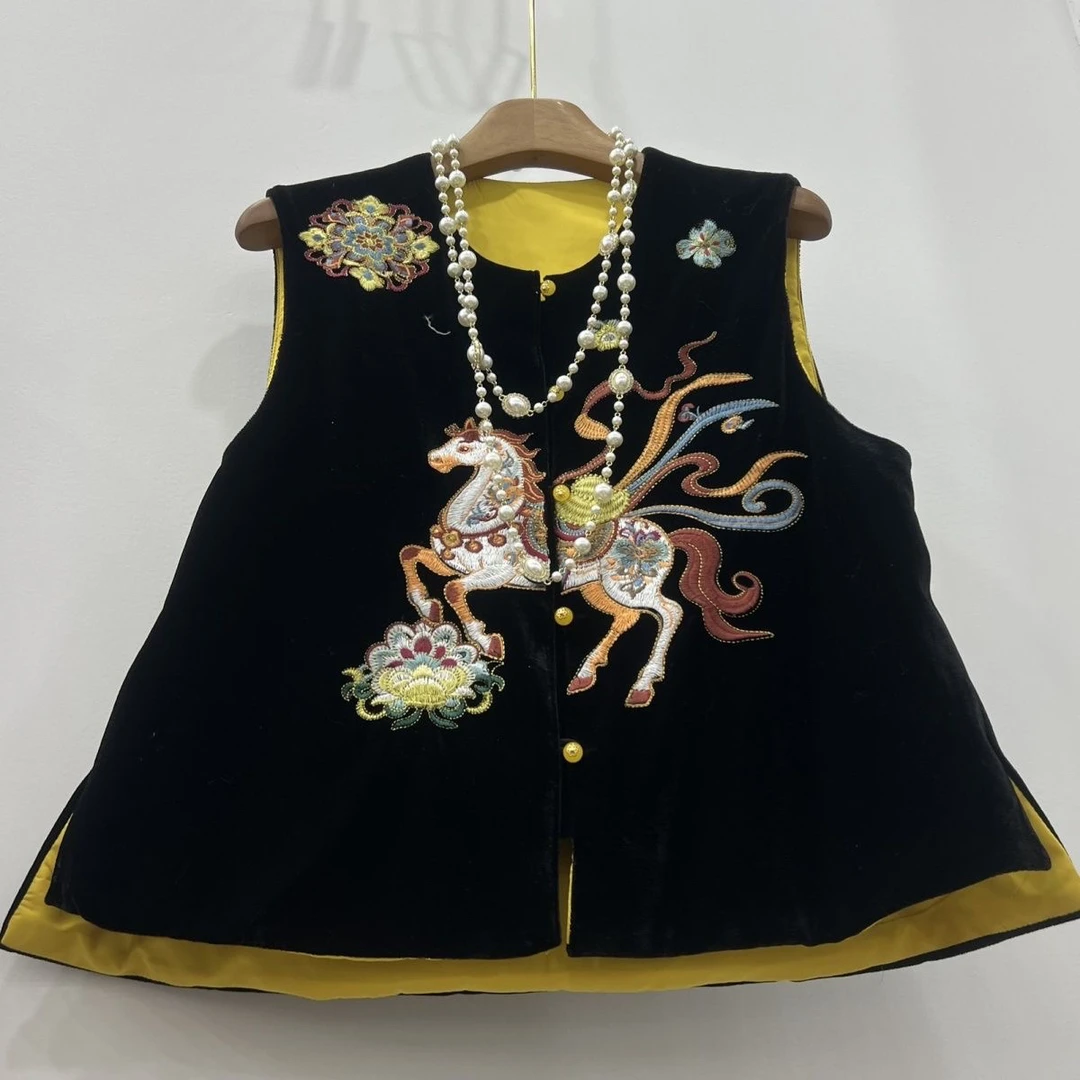 新中式国风重工刺绣女士休闲保暖无袖马甲上衣