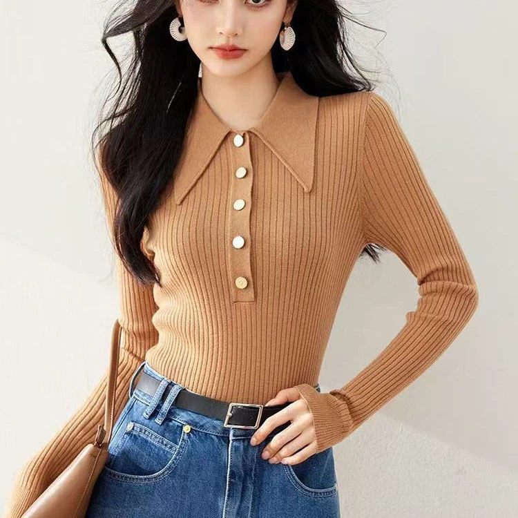 职业阿玛诗官女装针织衫女2025秋冬毛衣polo领开衫打底小香风上衣