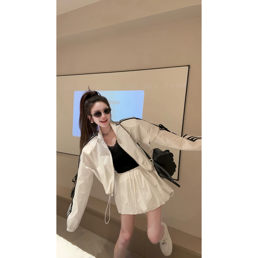2025蛇蛇家新款韩版时尚长袖袖子飘带拉链防晒外套➕花苞抽绳短裙