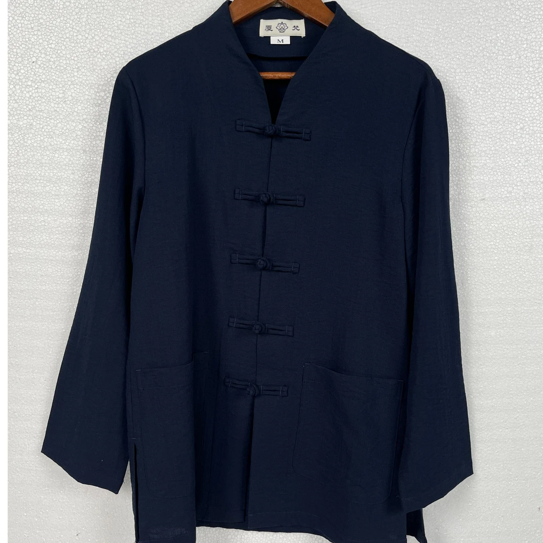 麻粘V领居士服套装新中式复古