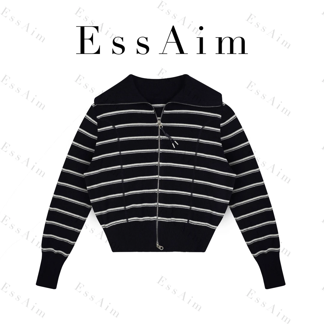 EssAim-0016短款针织毛针织衫双色条纹针织衫网红黑白翻领时尚
