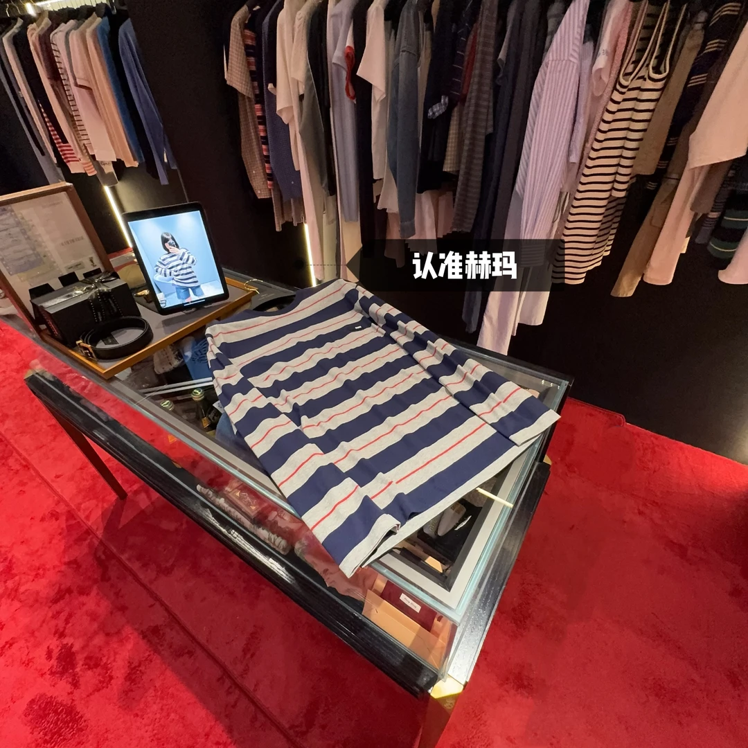 ❉认准赫玛 SS25 M灰蓝条纹长袖章仔口袋T恤#条纹控#1366上新