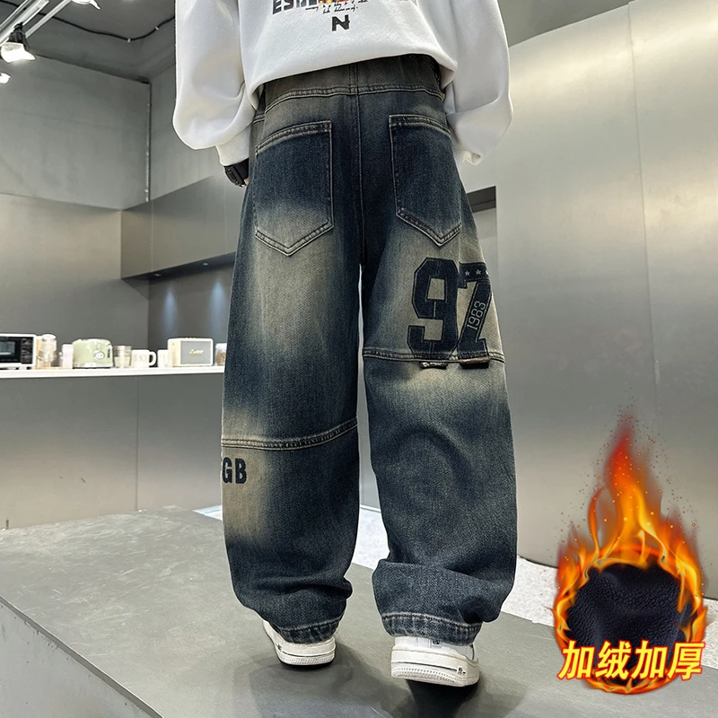 男童加绒牛仔裤直筒裤男孩裤子加厚长裤宽松保暖冬季一体绒