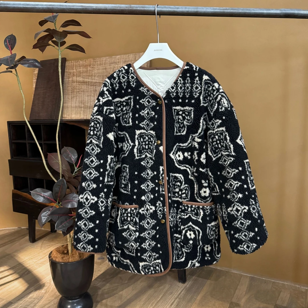 冬季双面穿宽松慵懒黑色提花外套785194