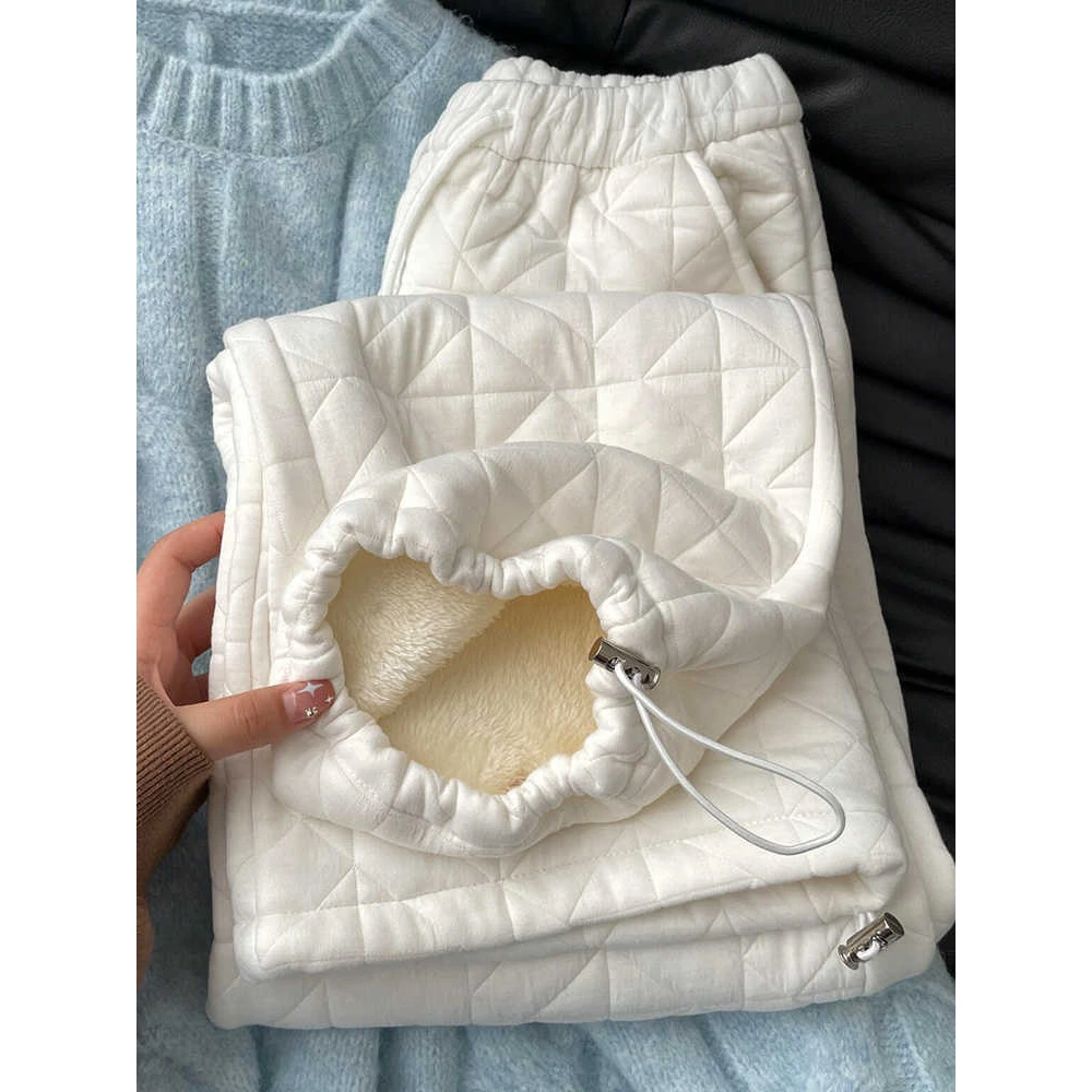 十三行女装！菱格衔缝休闲长裤女秋冬加绒厚抽绳高腰设计阔腿裤子