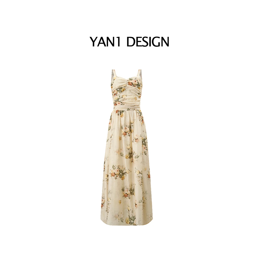 Yan1Design/妍妍【花间柔光】夏季度假风碎花设计感小众吊带连衣裙