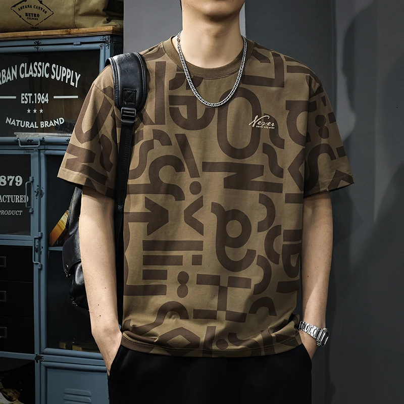 aoyu/遨宇夏季潮牌满印短袖t恤男2025新款痞帅印花体恤宽松半袖衫