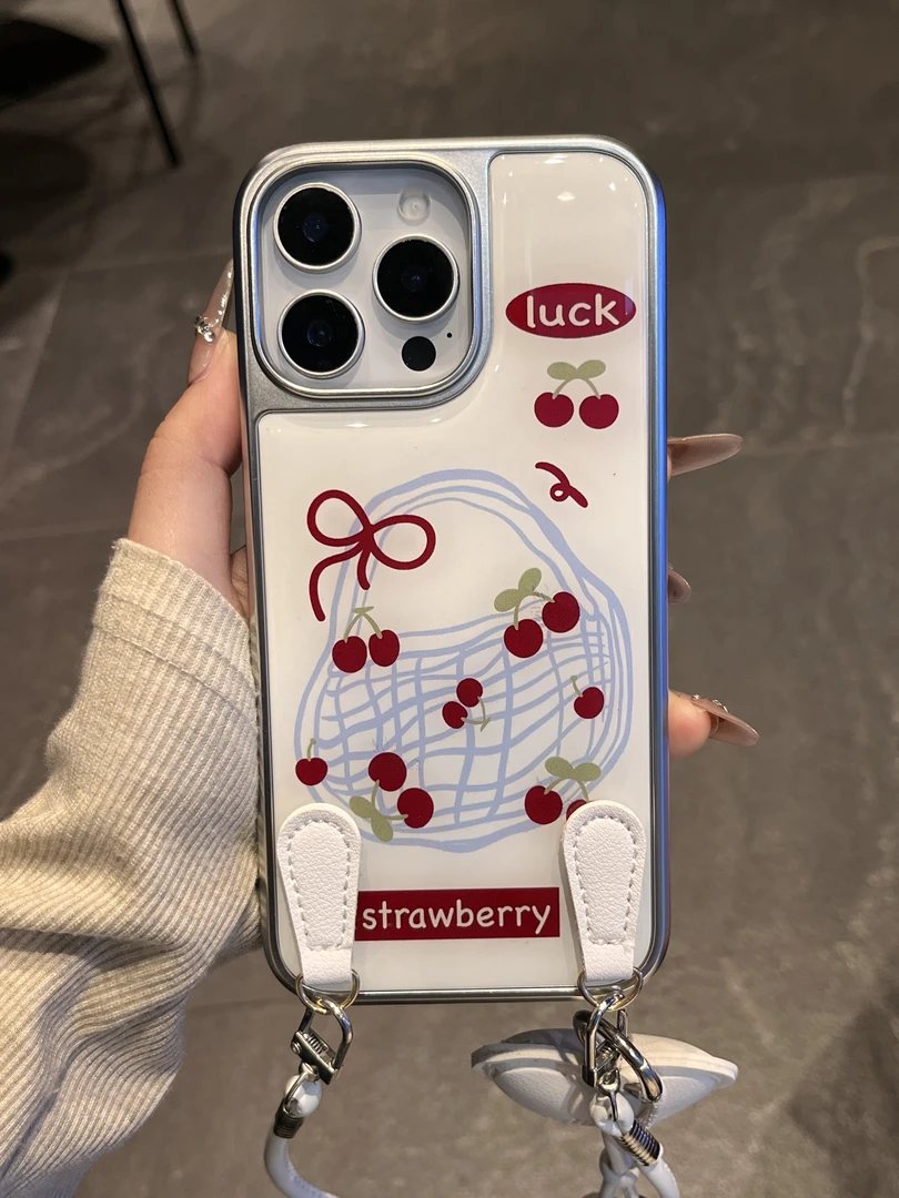 韩系网格购物袋插画适用于iPhone16promax手机壳苹果15女14斜挎绳