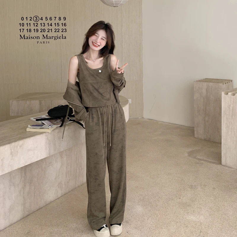 咖色休闲运动套装女2025新款初秋穿搭一整套连帽卫衣阔腿裤三件套