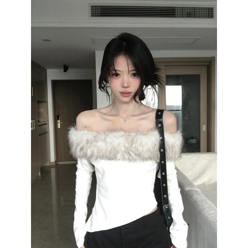 氛围感毛毛领一字肩长袖T恤女秋冬季气质纯欲风辣妹修身针织上衣