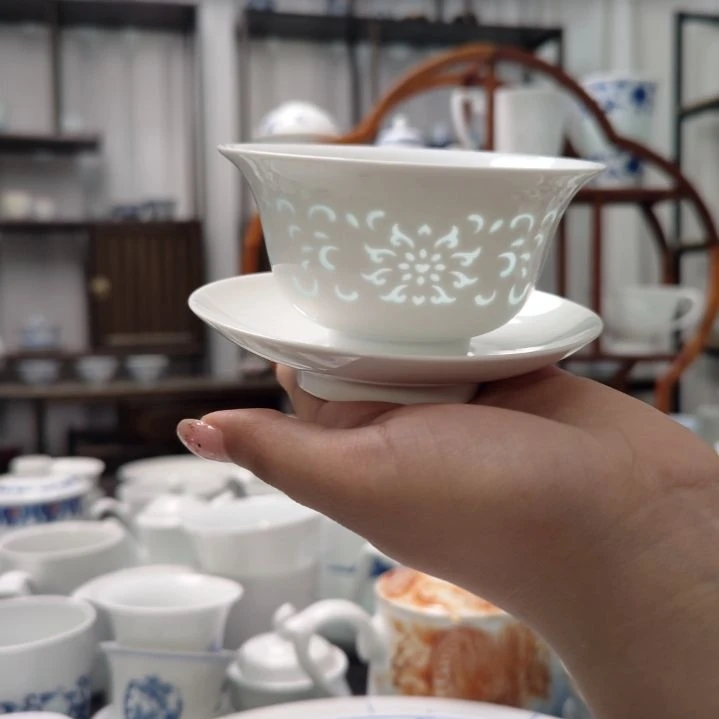 瓷纯白鸿运连连三才盖碗一套