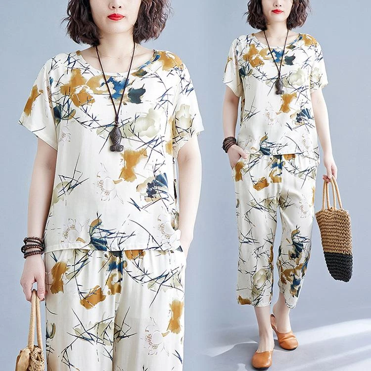 中国风时尚套装女夏季短袖七分裤两件套大码中老年家居服外穿
