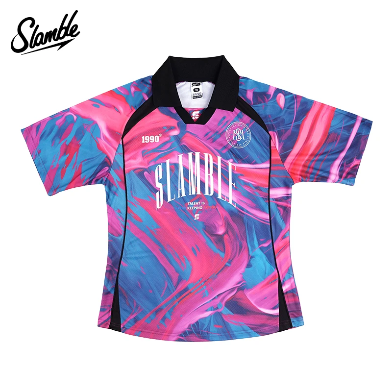 SLAMBLE新款男子复古POLO领足球服训练短袖T恤衫炫彩印花速干透气