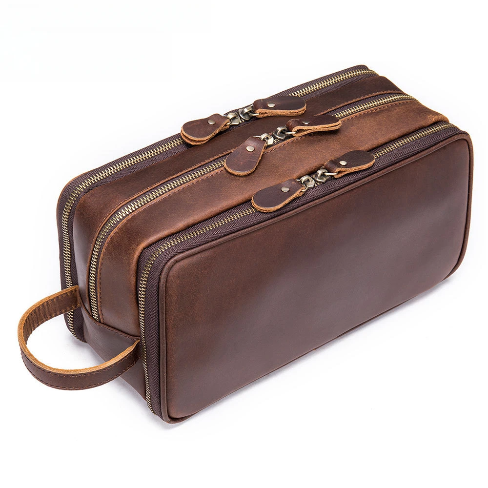 多功能复古疯马牛皮男士手拿包真皮多拉链洗漱包大容量收纳包百搭