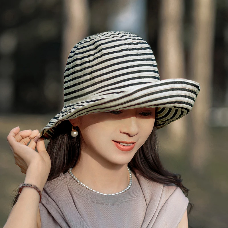帽子防晒遮阳帽女士太阳帽女款2025新款大檐可折叠条纹太阳帽夏季