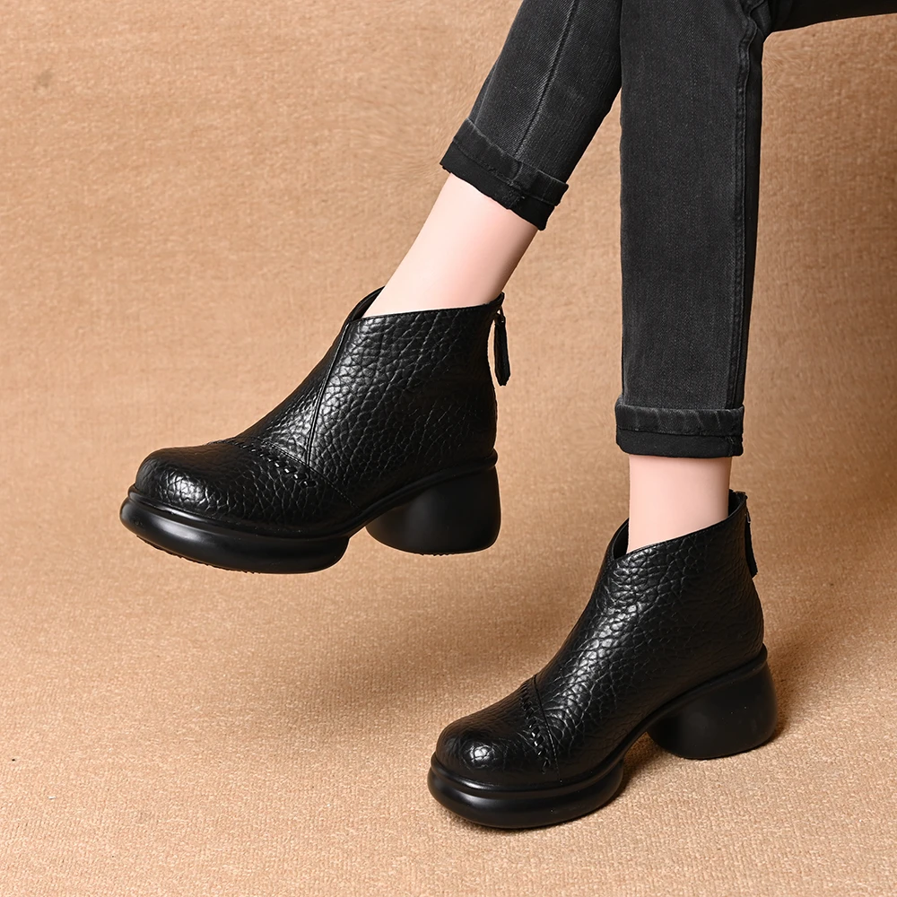 圆头厚底粗跟短靴女2025秋冬新款百搭加绒保暖后拉链短筒马丁靴