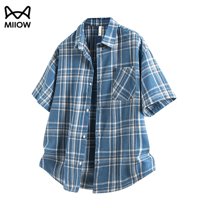 猫人格子短袖衬衫男夏季薄款商务休闲衬衣美式复古痞帅简约上衣服